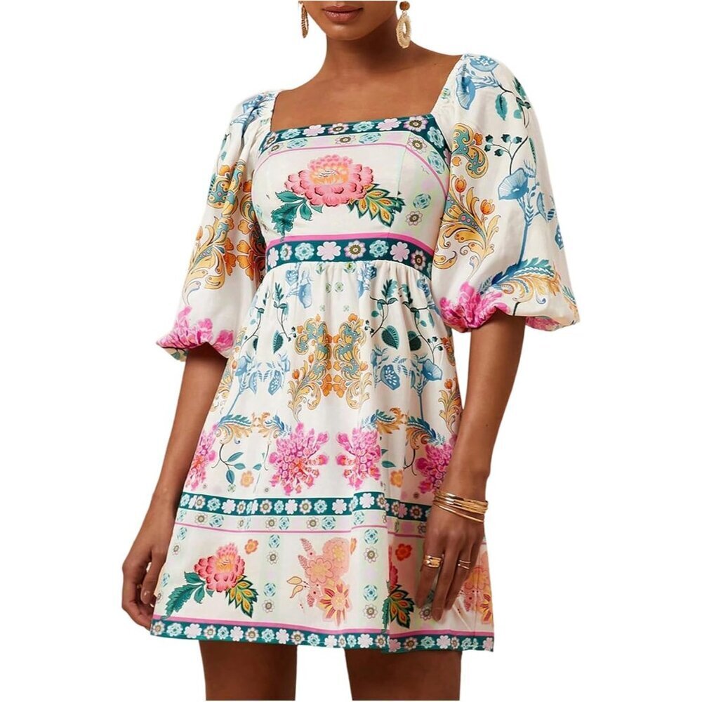 Women's Floral A Line Dress Puff Sleeve Square Neck Boho Summer Casual